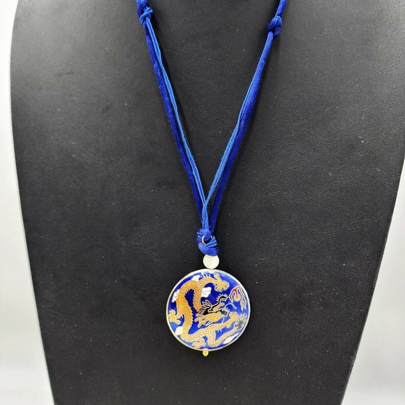 Unbranded Jewelry - Vintage Dragon Cloisonné Blue Orange Necklace 34" Long Large Pendant